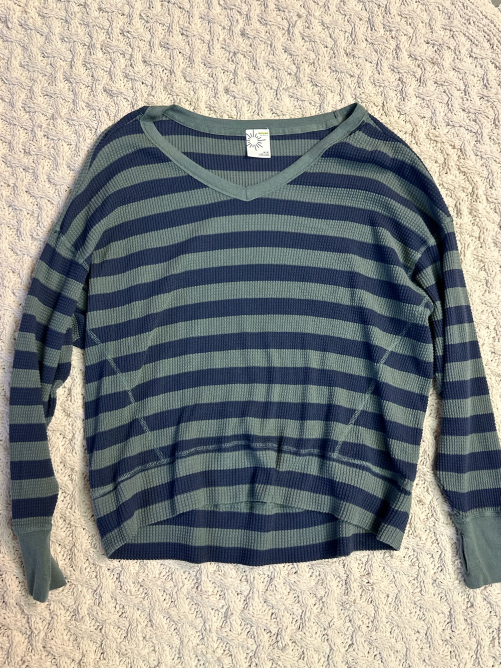Women’s Striped Waffle-Knit Long Sleeve Top - Olive & Navy